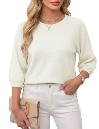 Tanming Womens Puff Short Sleeve Sweater Crew Neck Casual Outfits Work Blouses Pullover Sweaters Knit Tops(White-M) - Image 1