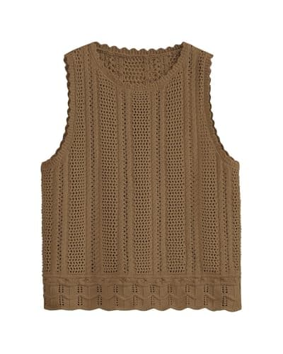 KIRUNDO Beach Vacation Clothes for Women Spring Summer Crochet Sweater Vest Tank Tops Cover Ups Resort Cruise Outfits 2026(Dark Khaki, XX-Large) - Image 1