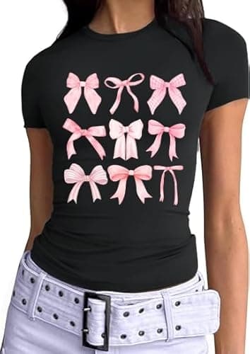 YHHR Y2k Graphic Tee Cute Bow Shirts for Women Coquette Crop Tops Baby Tee Vintage Clothes Slim Fit Trendy Country Shirt - Image 1