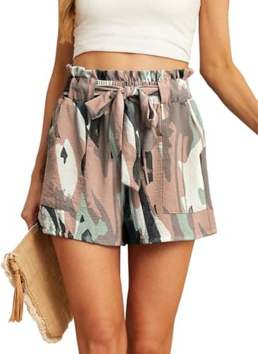 IWOLLENCE Womens Shorts with Pockets Summer Casual Shorts for Women Waist Casual Lightweight Adjustable Tie Knot Loose Camou Green Pink Small - Image 1