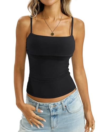 EasyGala Womens Cotton Foldover Tank Tops Sexy Square Neck Spaghetti Strap Cami Basic Summer Low Cut Camisole Fitted Y2K Trendy Going Out Shirts 2026 True Black X-Small - Image 1