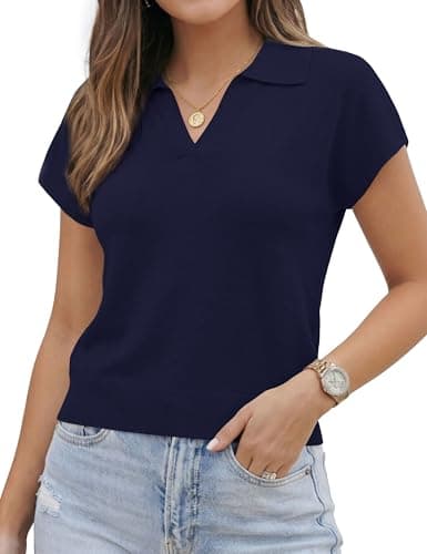 LaGracia Womens Cropped Sweaters Short Sleeve Collared Polo Sweater Business Casual Cashmere Lightweight Crop Tops Spring Summer Outfits NavyBlue M - Image 1