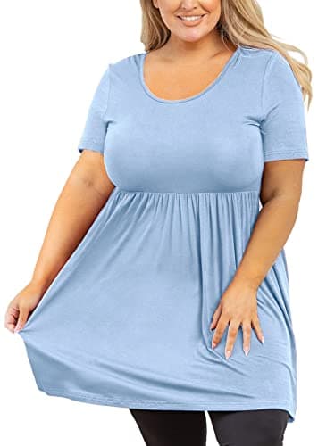 AusLook Women's Plus Size Tunic Short Sleeve Clothes Scoop Neck Summer Tops Pleated Flowy Loose Fit Babydoll T Shirt L-5X, C10-light Blue, 3X - Image 1