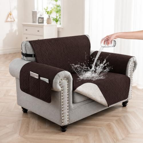 Eusalioy 100% Waterproof Couch Cover for Armchair, Anti-Slip Washable Sofa Cover with Elastic Straps & Side Pockets, Durable Furniture Protector for Kids, Pets & Dogs (23", Chocolate) - Image 1