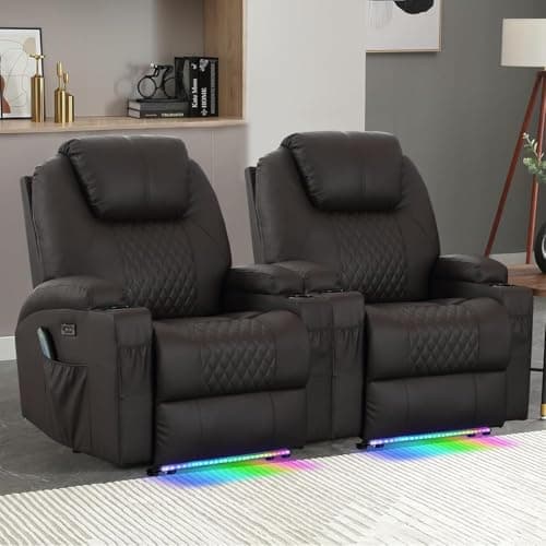 Power Recliner Chair with Heat and Massage for Adults - Home Theater Seating with LED Lights,Cup Holders,Side Pocket,USB Port - Recliner Sofa for Living Room - Image 1