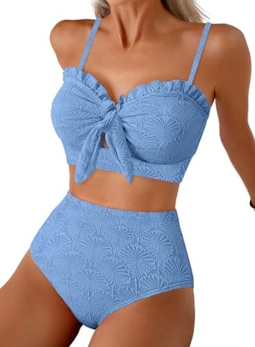 Herseas Women's Textured Bikini Sets Knotted Front Ruffle Trim Cutout Swimsuits Removable Pads Wire Free Tummy Control Bathing Suits Vintage Solid Blue Outfits X-Small - Image 1