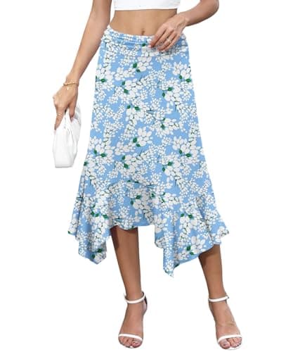 YSYOKOW Midi Skirts for Women Summer High Waisted Flowy A-Line with Asymmetrical Ruffle Hem Stretchy Casual Boho Skirt - Jasmine Light Blue, Medium - Image 1