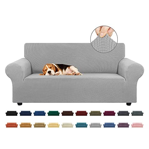 KEKUOU Stretch Loveseat Sofa Cover Slipcover,Couch Covers for 2 Cushion Couch Sofa (55"-78") Furniture Protector Sofa with Elastic Bottom for Kids,Dog. Jacquard Small Checked (Medium,Silver) - Image 1