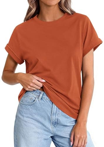 PRETTYGARDEN Womens Summer Tops 2026 Spring Casual Rolled Short Sleeve Basic Tees Crew Neck Work Shirts Fashion Clothing (Rust Red,Large) - Image 1