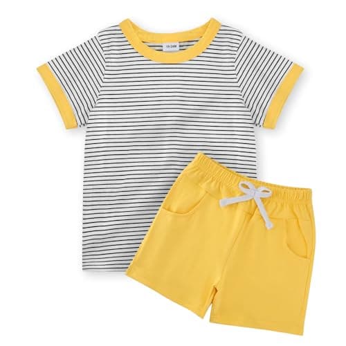 JiuBreeze Toddler Baby Boy Summer Outfit Striped Short Sleeve T-Shirt Shorts Set 2-Piece Boys Outfits Clothing Sizes 18M-5T (Yellow, 3-4T) - Image 1