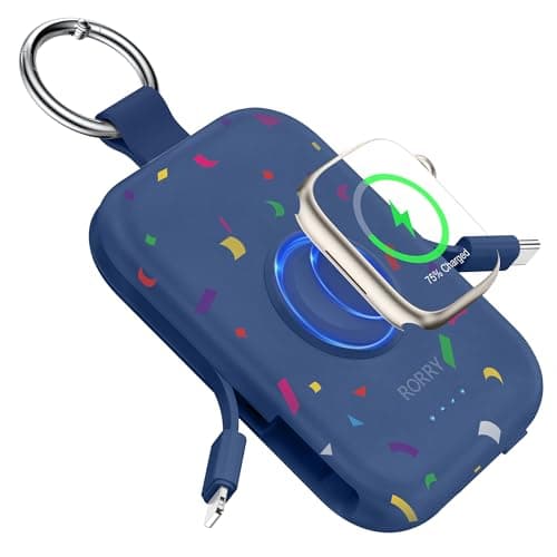 RORRY CharmGo Portable Charger, 5000mAh Portable Charger Power Bank with Built-in Cables, Travel Keychain Battery Pack for Apple Watch and iPhone Air/17/16/15/14/13/12, Confetti-Deepblue - Image 1