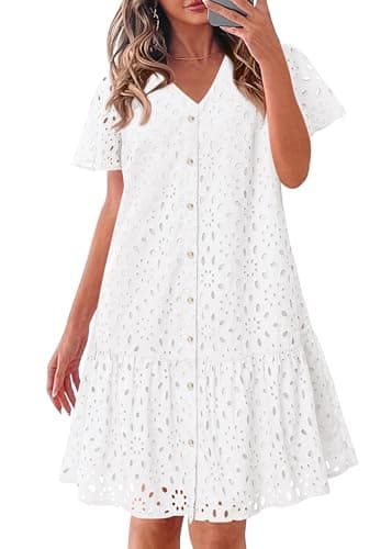 KIRUNDO Eyelet Dresses for Women 2026 Spring Summer Short Sleeve Button Down Loose Mini Babydoll Dress Beach Vacation Clothes(White, XX-Large) - Image 1