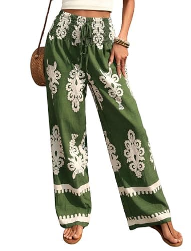 ZAFUL Boho Pants for Women Floral High Waisted Wide Leg Palazzo Pants Summer Trendy Casual Lounge Pants Women Vacation Green M - Image 1