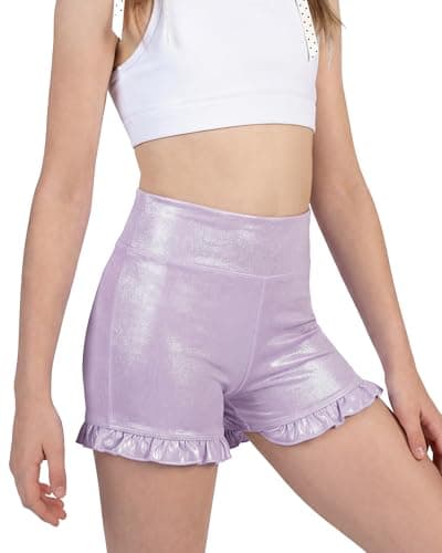 Stelle Girls Gymnastics Shorts Athletic Dance Sparkle Ruffle Short High Waisted Metallic Cheer Biker Short for Kids (Lavender,12-13 Years) - Image 1