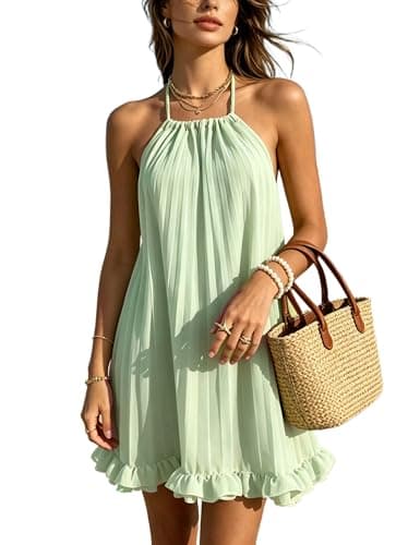 Joyfunear Women's Summer Chiffon Sleeveless Halter Backless Pleated Flowy A Line Sundress Mini Short Dress Green Small - Image 1