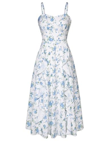 Belle Poque Summer Flowy Dresses with Ruffle Trim Blue and White Floral Dress for Wedding Guest Tea Party M - Image 1