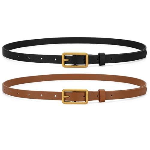 WHIPPY 2 Pack Women Skinny Leather Belts Ladies Thin Waist Belt for Jeans Pants Dresses Rectangle Retro Gold Buckle Black Belt, Black+Brown, L