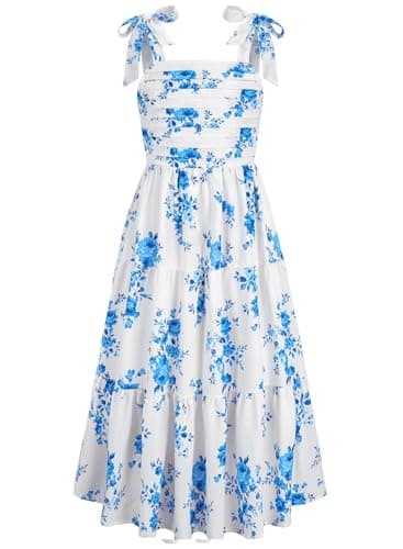 Dolxico Girls Floral Dress Summer Ruched Chiffon Tiered Cami Dresses with Pockets Kids Hawaiian Beach Vacation Party Wedding Birthday A-Line Midi Sundress for 6-7 Years(Blue Floral) - Image 1