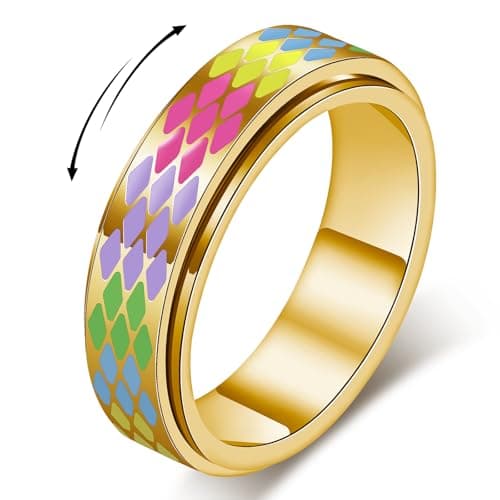 AmorArtSky Checkered Fidget Ring for Adults - 18K Gold Plated Stainless Steel Rotating Spinner Jewelry, Anxiety & Stress Relief Gift for Women/Men (Multicolor Diamond Pattern) - Image 1