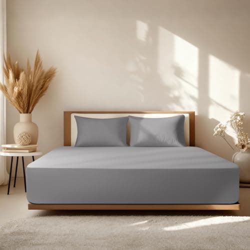 Baigee Fitted Sheet Queen, 100% Cotton, Premium Hotel-Quality Feel, Breathable and Durable, Deep Pocket 15–18”(60"x80",Grey) - Image 1
