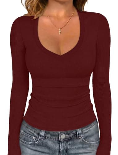 Sampeel Fall Sweaters for Women Deep V Neck Ribbed Long Sleeve Burgundy S - Image 1