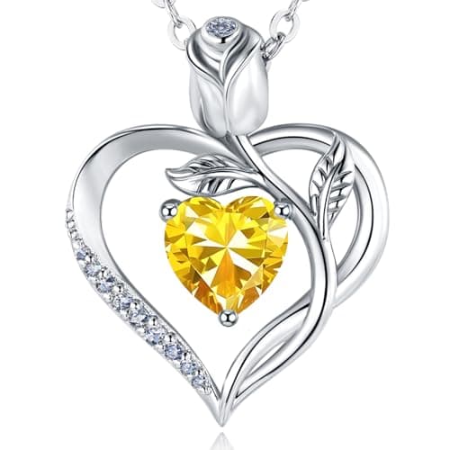 JACUPO Heart Birthstone Silver Necklace for Women(11 - Yellow)