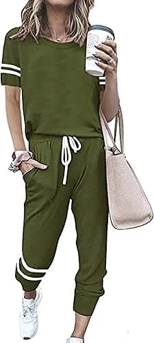 PRETTYGARDEN Women Summer Two Piece Outfits Striped Short Sleeve Pullover and Long Pants Tracksuit Travel Pajama Lounge Set (Army Green,Medium) - Image 1
