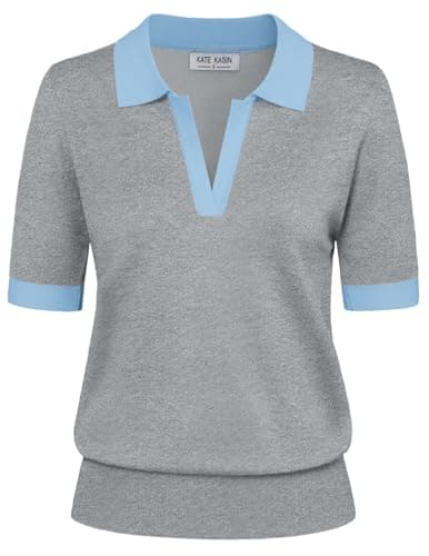 Kate Kasin Short Sleeve Sweaters for Women, Summer V Neck Knit Tops, Business Casual Polo Shirts Light Gray Blue - Image 1