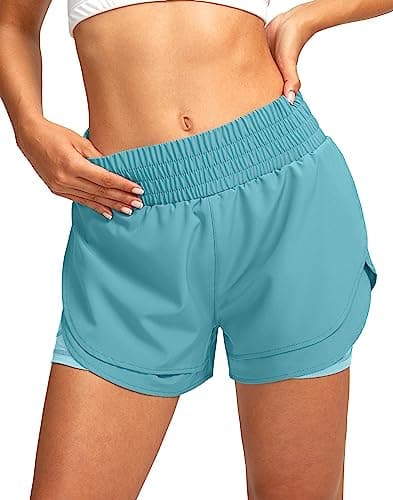 Soothfeel Women's 2 in 1 Running Shorts High Waisted Athletic Shorts Exercise Gym Workout Shorts for Women with Pockets Light Blue - Image 1