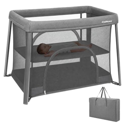 Cradlecare Travel Pack and Play with Bassinet & Mattress, Lightweight Portable Baby Bed, Foldable Playard for Travel & Home, Easy Setup Playpen for Babies & Toddlers with Storage Bag (Grey) - Image 1