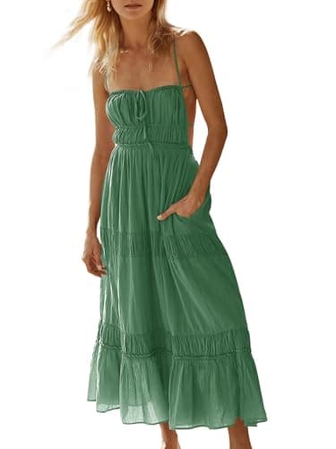 Wenrine Womens Summer Beach Dresses Backless Spaghetti Straps Self Tie Tiered Flowy Casual Maxi Dress with Pockets Green - Image 1