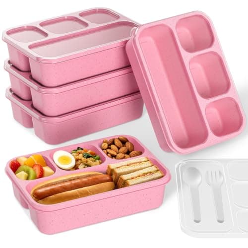 CYMGJHNSDE Bento Box 5-Pack, 4-Compartment Lunch Box for Women, Men & Kids, BPA-Free Wheat Straw Snack Containers, Ideal for Meal Prep, Travel, School, Work (Pink) - Image 1