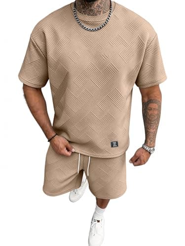 JEMLDL Mens 2 Piece Outfit Set Summer Jacquard T-Shirt Shorts Casual Short Sleeve Lounge Wear Clothing Sets for Men Dark Khaki L - Image 1