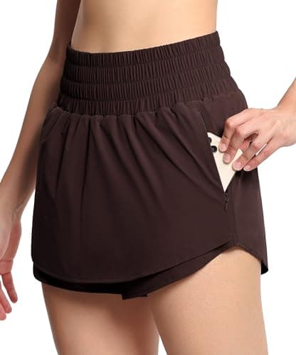 THE GYM PEOPLE Women's Athletic Shorts Elastic Waisted Quick Dry Ruffle Tennis Workout Skorts with Mesh Liner Zip Pockets Brown - Image 1