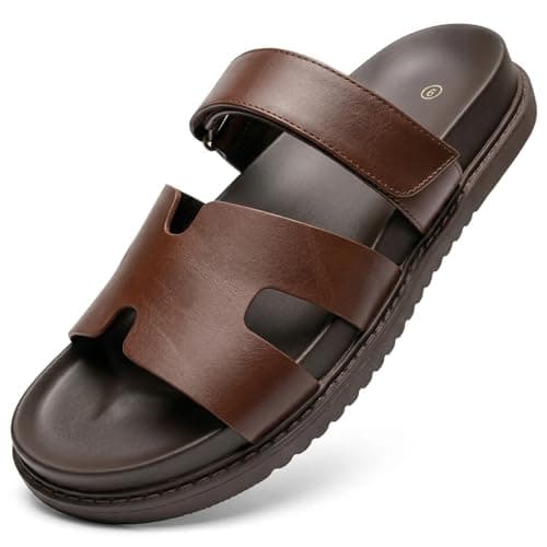 KENMITDY Men's Slide Sandals Adjustable Velcro Strap Comfortable PU Leather Open Toe Summer Shoes Non-Slip Thick Sole Casual Slides for Indoor Outdoor Beach Daily Wear Brown Size 9 - Image 1