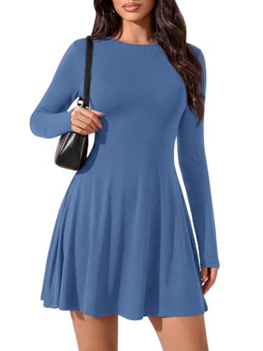PRETTYGARDEN Plus Size Dresses for Curvy Women Trendy Round Neck Long Sleeve Ribbed Knit Swing Short Cute Dress Party Outfits (Blue, XX-Large)