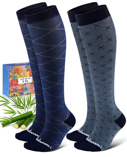 Lalapapa Bamboo Viscose Compression Socks for Women Men - 2 Pairs 15-20mmHg Knee High Graduated Compression Socks for Women Men Cute Breathable for Nurse Pregnancy Travel, Linear Geometric, 2XL - Image 1