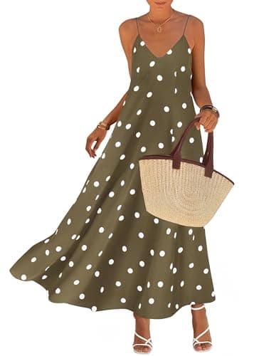 KIRUNDO Polka Dot Dress for Women Summer 2026 Sleeveless Spaghetti Strap Beach Vacation Cruise Boho Long Flowy Maxi Dresses(Army Green, Small) - Image 1