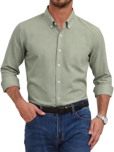GIANZEN Mens Sage Green Button Down Shirt Up Men Plain Dress for Oxford Shirts Casual Long Sleeve Clothes Big and Tall Sage Green Size XXXL Tall - Image 1
