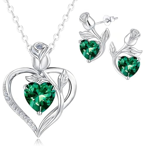 JACUPO Rose Heart Necklace and Earrings Set Moissanite/Lab-Grown Sapphire/Ruby Options S925 Sterling Silver 18K White Gold Plated Engraved "I LOVE YOU" Mothers Day Gift for Mom Birthday Gift for Her Women Girlfriend Wife(Necklace 1.2CT / Earrings 0.8CT) - Image 1