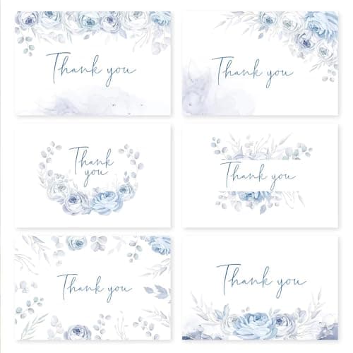 Oaken Leaford 24 Pack Pre-Folded Floral Thank You Cards with Envelopes & Stickers, 6 Elegant Designs for Wedding, Baby Shower, Bridal Shower, Teacher Gifts (Blue Floral) - Image 1