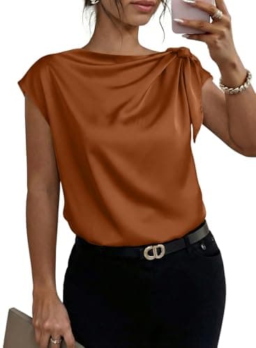 Dokotoo Women's Tops, Tees & Blouses 2026 Trendy Elegant Bow Tie Neck Cap Short Sleeve Shirts for Women Solid Loose Comfy Satin Womens Summer Tops Tunic Fashion Women's Clothing Caramel Brown XL - Image 1