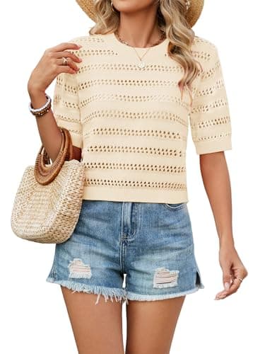 Bellcoco Crochet Tops for Women Spring Summer Short Sleeve Pullover Sweaters Crop Top Vacation Outfits Beach Cover Ups Cute Hollow Out Fashion Clothes Apricot XX-Large - Image 1