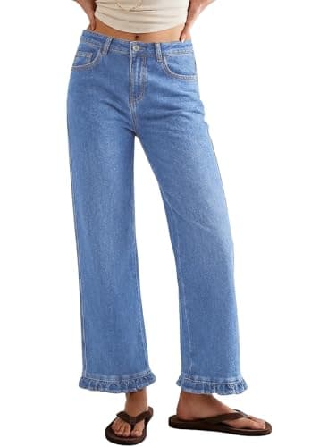 Sidefeel Women's High Waisted Jeans Stretchy Ruffle Hem Straight Leg Denim Pants with Pockets Iceland Blue Size 6 - Image 1