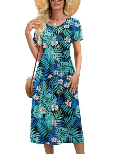 Heymoments Women Dress Floral Print Medium Wedding Guest Crewneck Short Sleeves A line Casual Flowy Swing Cocktail Slimming Birthday Party Summer Travel Long Midi Dresses with Pocket - Image 1
