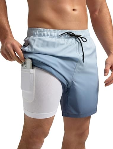 SILKWORLD Mens Swimming Trunks with Compression Liner Quick Dry 5 inch Swim Shorts with Zipper Pockets, Grey Gradient, X-Large - Image 1