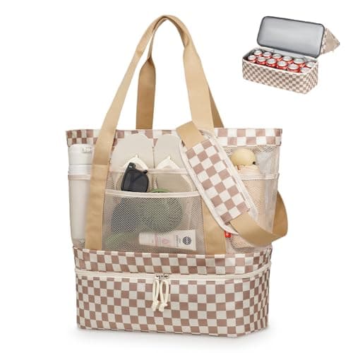 WOOMADA Beach Tote Bag With Cooler, Large Mesh Beach Bags for Women with Wet Pocket, Pool, Swim, Travel Essentials(Brown Checkerboard) - Image 1
