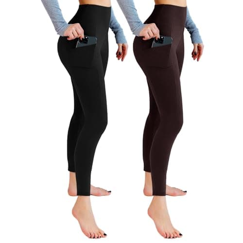 Leafigure 2 Pack Leggings with Pockets for Women, High Waisted Soft Leggings for Yoga Gym Black/Brown LXL - Image 1