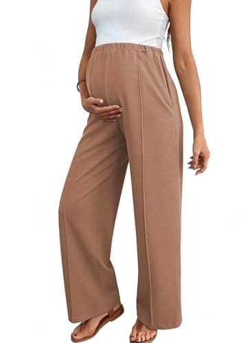 BLENCOT Women's Maternity Work Pants High Waisted Pleated Wide Leg Stretchy Pregnancy Trousers Office Clothes for Business Casual with Pockets Brown L - Image 1