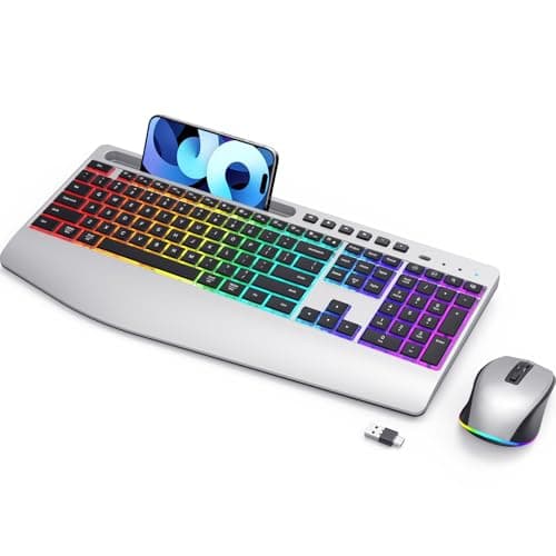 Silver Wireless Keyboard and Mouse Combo - Dual System RGB Backlit Mouse and Keyboard Advanced Optical Tracking, Lag-Free Wireless,Ergonomic Keyboard, 90% Less Noise Silver-V1 - Image 1